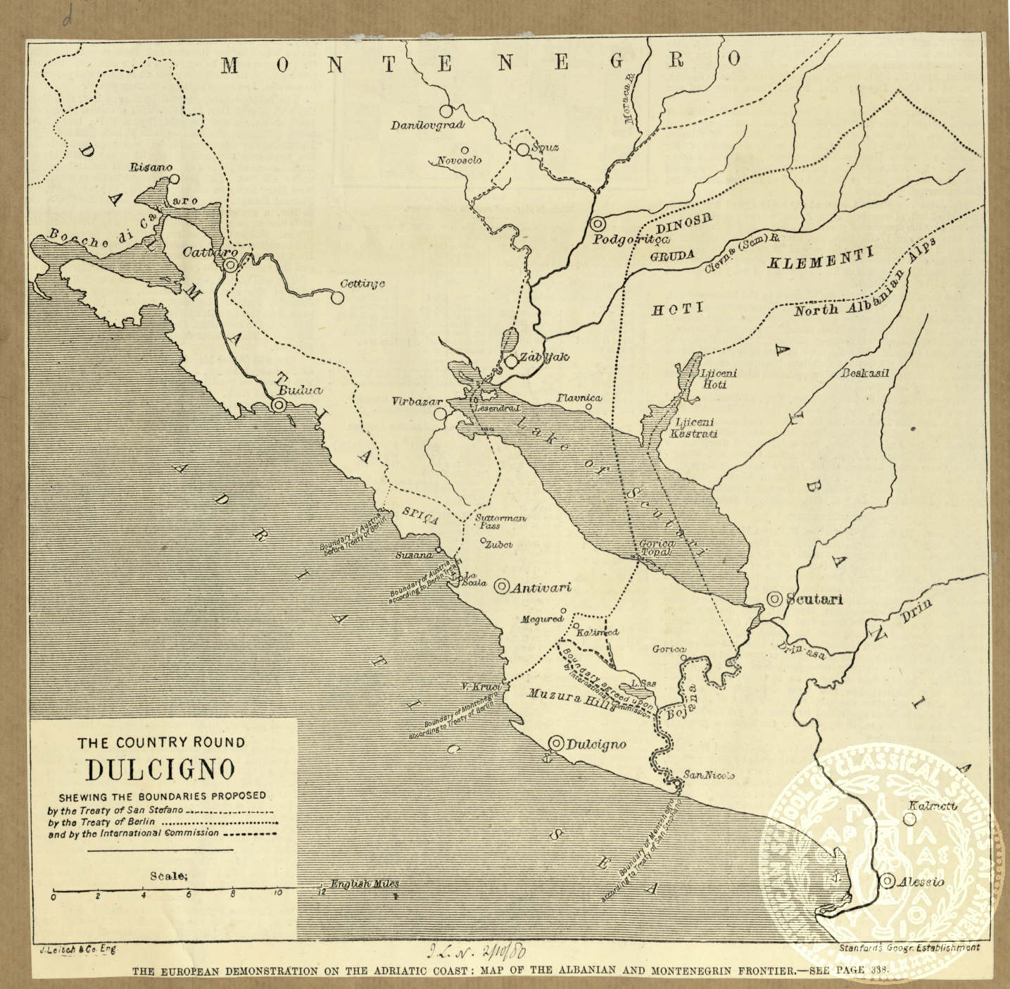 The country round Dulcigno shewing the boundaries proposed by the Treaty of San Stefano… by the Treaty of Berlin… and by the International Commission.